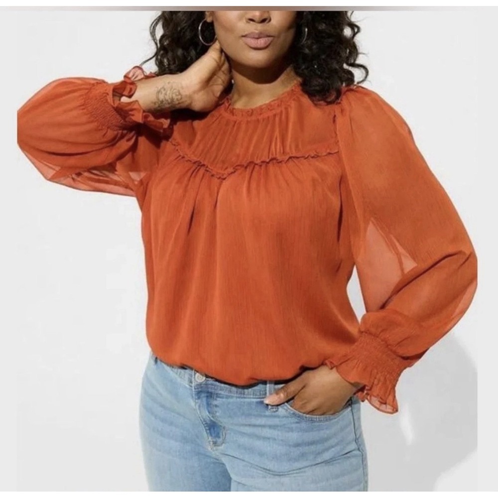 Torrid Women's‎ Plus Sz 2 (2X) Orange Crinkle Chiffon Ruffle Sleeve Blouse Top